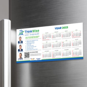 Personalized fridge magnet calendar with branding for continuous advertising in homes and offices.