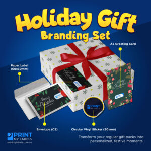 Holiday gift branding set featuring custom cards, envelopes, and festive stickers designed for personalized business gifting.